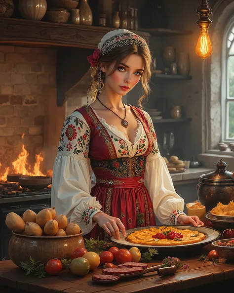 A beautiful Russian woman donning a traditional Caucasian costume, she is in the iconic traditional Russian kitchen cooking meals, intricate scene, fluffy cats, objects and other characters, drawn digitally by color comic master Don Lawrence, award winning...