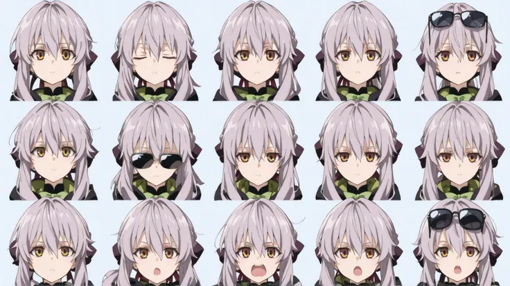 (masterpiece, top quality, completely completed:1.4),collage art、Shinoa from owari no seraph、beautiful girl、upper body、sunglasses、Show your eyes through the gaps、various expressions、9 divided、wink
