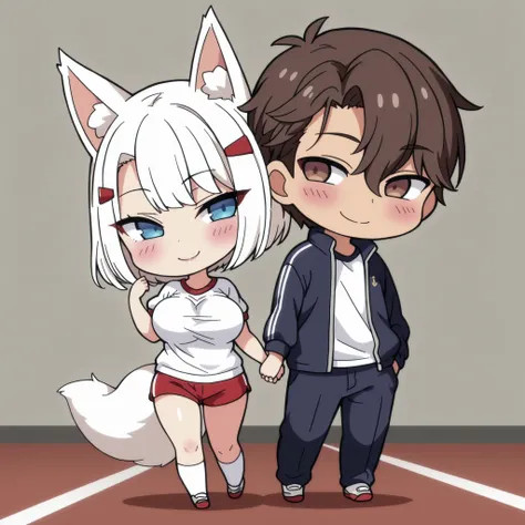1 boy and 1 girl, 1 boy, straight, couple, dark haired boy, brown eyes, wavy brown hair, 1 girl, Kaga ( azur Lane ), fox girl, solo, white hair, short hair, Blue eyes, hairl clip, cute, holding hands, happy, blushing, high quality, masterpiece, Very detail...