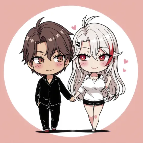 1 boy and 1 girl, 1 boy, straight, couple, brown eyes, dark haired boy, wavy brown hair, 1 girl, Prinz Eugen ( azur Lane ), A girl, solo, white hair, short hair, braided hair, red eyes, hairl clip, cute, holding hands, happy, blushing, high quality, maste...