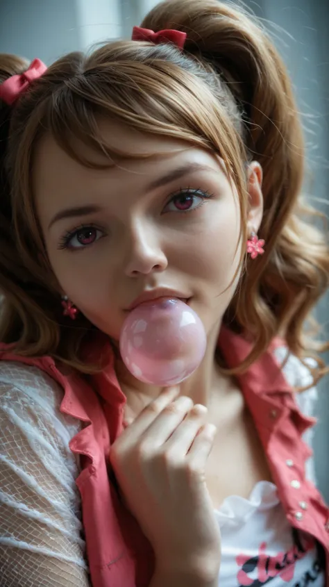 Score 9, Score 8, Score 7, Charlotte Pudding, female, in hyper-realistic anime style. One eye subtly hidden in forehead, three eyes, one on forehead, She is chewing pink bubble gum and blowing a bubble in half pose, with a playful and confident expression....