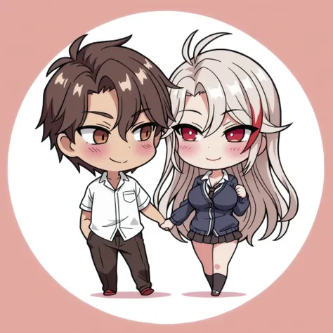1 boy and 1 girl, 1 boy, straight, couple, dark haired boy, brown eyes, wavy brown hair, 1 girl, Prinz Eugen ( azur Lane ), A girl, solo, whie hair, short hair, braided hair, red eyes, hairl clip, cute, holding hands, happy, blushing, high quality, masterp...