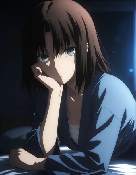 masterpiece, best quality, amazing quality, highres, absurdres, very aesthetic, high resolution, ultra detailed, perfect details, solo, midnight, indoors, ufotable style,  (room, darkness), (lens flare, blurry background, blue hour), backlight, face focus,...