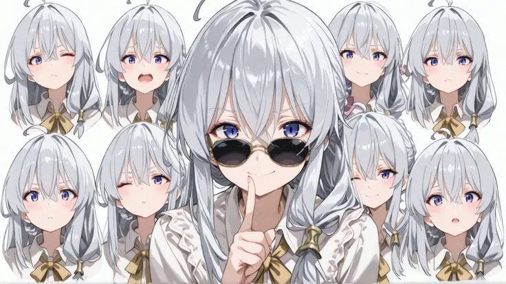 (masterpiece, top quality, completely completed:1.4),collage art、Elaina from majo no tabi tabi with silver hair、beautiful girl、upper body、Blouse、sunglasses、Show your eyes through the gaps、various expressions、9 divided、wink