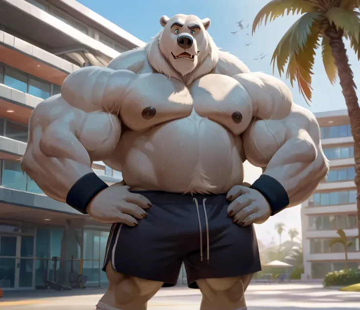 huge muscular polar bear in gym front building, big hulking flex, grunting smirk, polar bear, huge white fur, thick arm, huge arm, added thick colored gray mustache, added thick colored grey beard. Short white hair, (veiny muscular, pectoral, wide pectoral...
