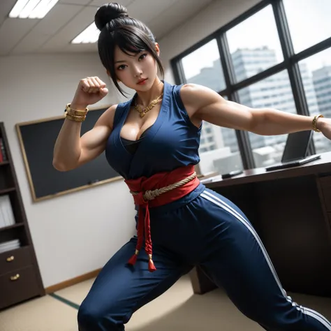 score_9, asian martial artist, beautiful asian woman, tan skin, black eyes, black hair in a high bun, left and right side highlights, dark blue sleeveless croptop, cleavage on the breasts, underboob showing, dark blue leggings, red sash with gold details t...