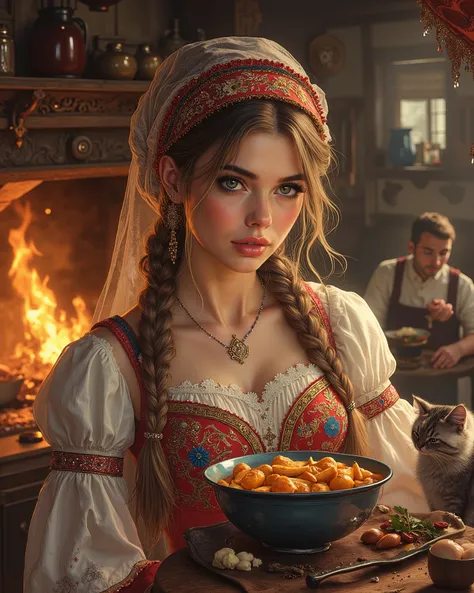 A beautiful Russian woman donning a traditional Caucasian costume, she is in the iconic traditional Russian kitchen cooking meals, intricate scene, fluffy cats, objects and other characters, drawn digitally by color comic master Don Lawrence, award winning...