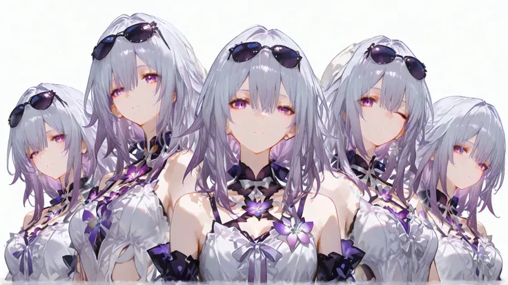(masterpiece, top quality, completely completed:1.4),collage art, castorice from honkai star rail、beautiful girl、upper body、Blouse、sunglasses、Show your eyes through the gaps、various expressions、9 divided、wink
