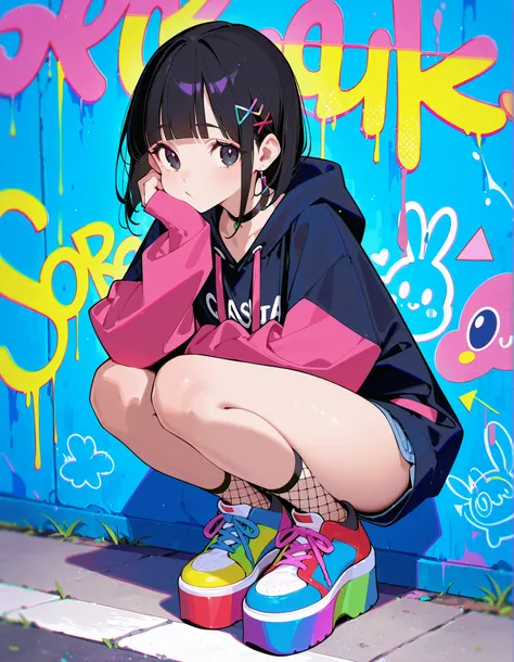 masterpiece, best quality, offical art, very aesthetics of fine arts, (popqn coloring:0.6), (ask \(askzy\) lighting:0.8), 1girl,full body, foreshortening,1girl, fishnets socks, squatting, black hair, black eyes,black choker,colorful oversized hoodie,graffi...