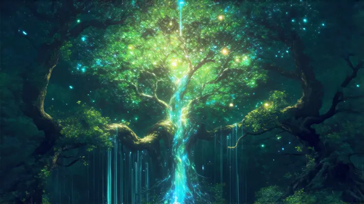 high resolution, rich contrast, best quality, 8k, Spirit, Nature's Incarnation , Verdant Light , Runes, sacred, Kindness , Legend, Quiet Smiles , Guardian of Life , Mythical, Glowing Ancient Trees , Falls in the Sky, sacredなオーラ, Feathery Light , Sta...