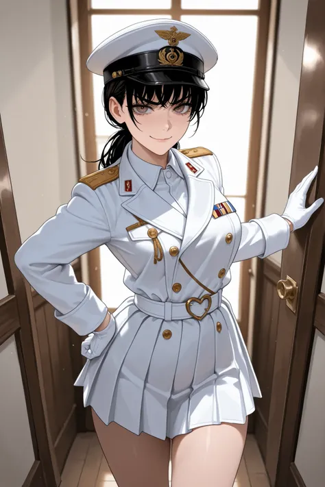 1 girl, Mitaka Asa, long hair, low ponytail, brown eyes, beautiful eyes, pleated skirt, skirt, wandenreich uniform, hat, thighs, V-shaped eyebrows, heart belt, gloves, military hat, military jacket, cap, eyelashes, belt, military uniform, jacket, uniform, ...