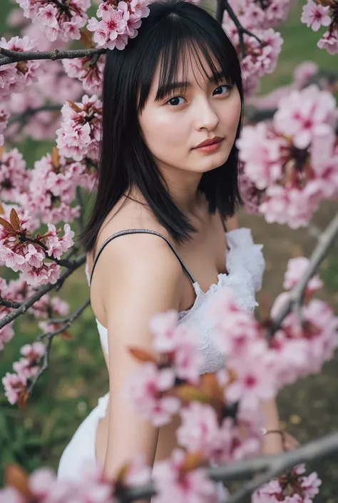 ((live action pics, RAW Photo),night, Goddess of Cherry Blossoms ,off-the-shoulder black and white ruffled bra, white panties with ruffles ,from above, 自然光にWrapped女性の精緻な肖像画,exquisite portrait of a woman surrounded by cherry blossom branches,Wrapped Pink ...