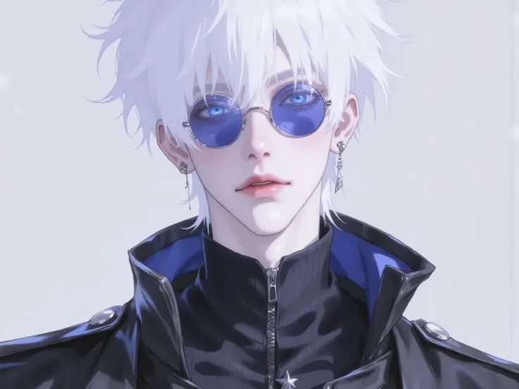 ((점수_9,점수_8_위로)), GOJO SATURO, Portrait of Gojo Satoru from "Jujutsu Kaisen", upper body only, facing forward with a calm and confident expression. White hair, blue sunglasses, wearing a high-collared black uniform. anime style, detailed lighting, soft sha...