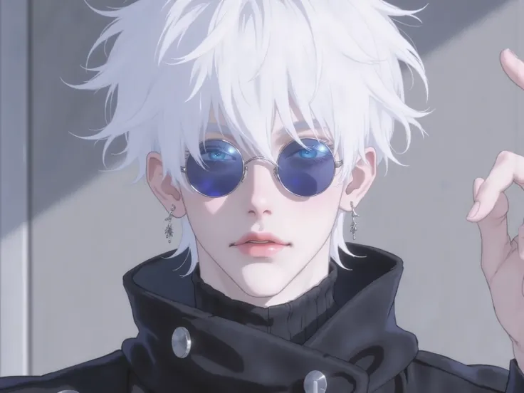 ((점수_9,점수_8_위로)), GOJO SATURO, Portrait of Gojo Satoru from "Jujutsu Kaisen", upper body only, facing forward with a calm and confident expression. White hair, blue sunglasses, wearing a high-collared black uniform. anime style, detailed lighting, soft sha...