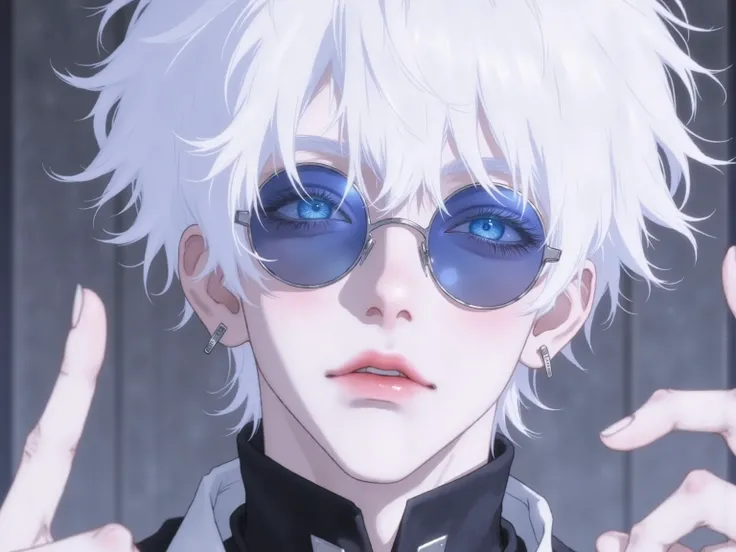 ((점수_9,점수_8_위로)), GOJO SATURO, Portrait of Gojo Satoru from "Jujutsu Kaisen", upper body only, facing forward with a calm and confident expression. White hair, blue sunglasses, wearing a high-collared black uniform. anime style, detailed lighting, soft sha...