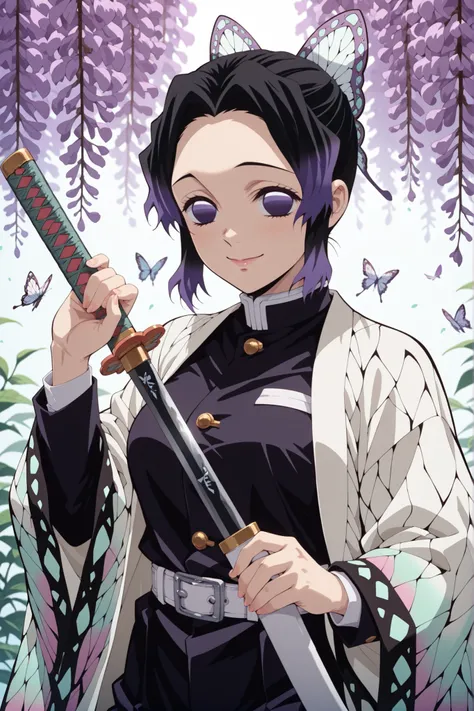 1girl, kochou shinobu, belt buckle, buckle, gradient hair, hair ornament, forehead, wisteria, uniform, holding weapon, blue butterfly, sword writing, unsheathed, sheath, holding sword, parted bangs, sidelocks, haori, sword, multicolored hair, butterfly pri...
