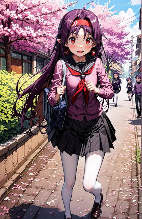 yuuki konno, headband, long hair, stupid hair,pointy ears, purple hair, Red Eyes,
smile,blush,opens his mouth,black sailor uniform, purple cardigan, long sleeve, Black Mini Pleated Skirt ,white pantyhose as if it were in the illustration,loafers,school bag...