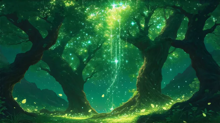 high resolution, rich contrast, best quality, 8k, Spirit, Nature's Incarnation , Verdant Light , Runes, sacred, Kindness , Legend, Quiet Smiles , Guardian of Life , Mythical, Glowing Ancient Trees , Falls in the Sky, sacredなオーラ, Feathery Light , Sta...