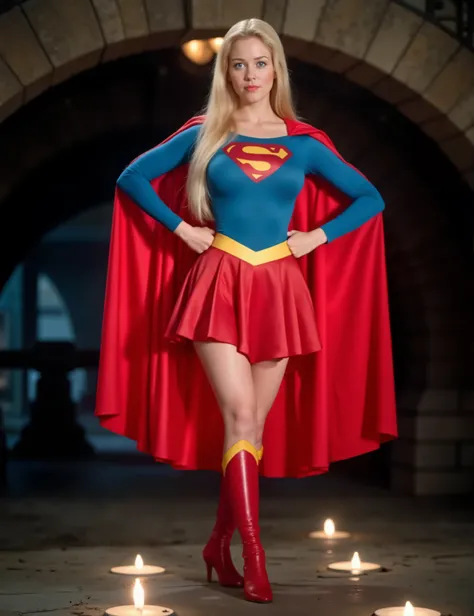 Voluptuous blonde SUPERGIRL with big BLUE EYES. She is draped in a majestic red satin cape. The cape is draped over her like a luxurious cloak. Under the cape, she wears a blue spandex top. Large and prominent 'S' emblem. She wears a pointed yellow waistba...
