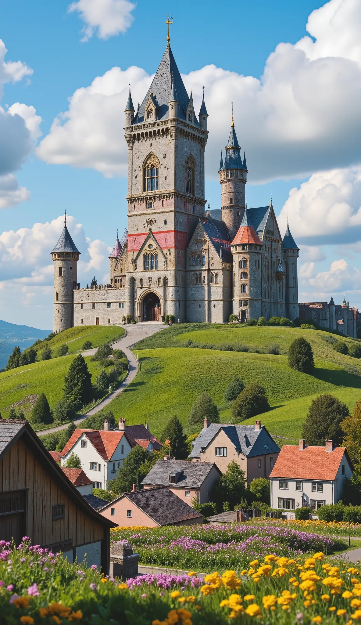 when viewed in high-definition、the colorful Camelot Castle from the time King Arthur was active、There are castles that are majestic and awe-inspiring、A castle that rises slightly above the hill、You can also see private houses and flower fields。