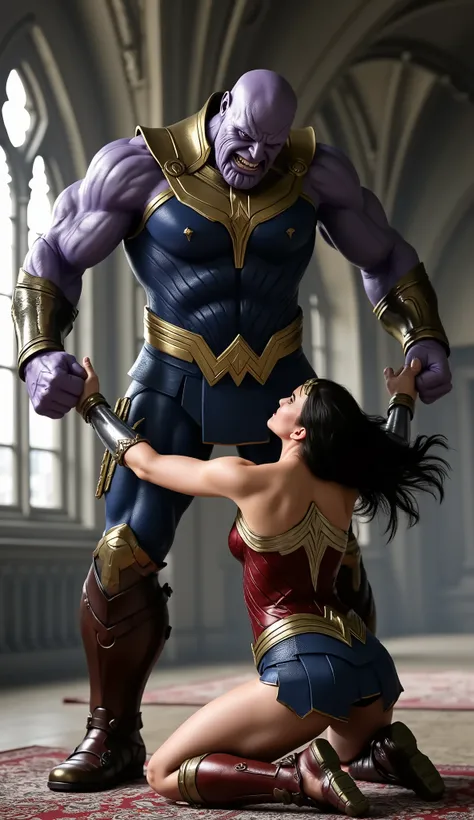 Gal Gadot as Wonder woman, bright white skin, painful face, she is kneeling face to a huge body standing Thanos, she push his leg out, she is screaming in pain, a naked huge body Thanos is standing close to her face, he grab her head hardly and pull her ha...