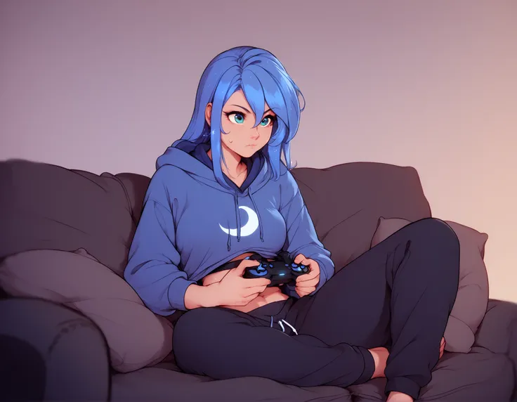 Human Princess Luna, blue hair, hoodie, midriff, sweatpants, sitting on a couch, holding a video game controller