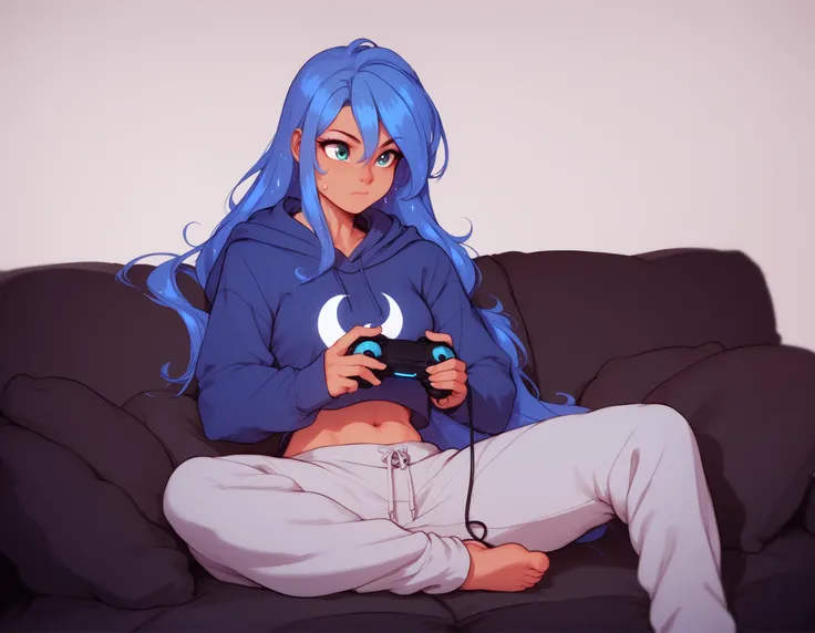 Human Princess Luna, blue hair, hoodie, midriff, sweatpants, sitting on a couch, holding a video game controller