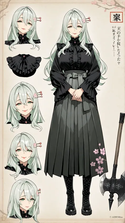 (((best quality, 8k, masterpiece: 1.3)), ((best quality)), ((masterpiece)), ( details), perfect face, long gray hair,She's Looking At Me, smile, Ruffled hakama,high resolution, textured skin, Anime Style, wide shiny hair, long hair, Cherry Blossom Hairpin...