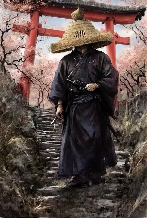 1 person,Stone Steps Standing,red torii,I'm looking back up the windy,Ink Brushwork Realistic Style,Asakusa Kasa ,I am holding a knife,One person、solo、Tall old swordsman,A person who is not a human、weird、Cherry Blossom Trees Portrait,viewers watch,4K High ...