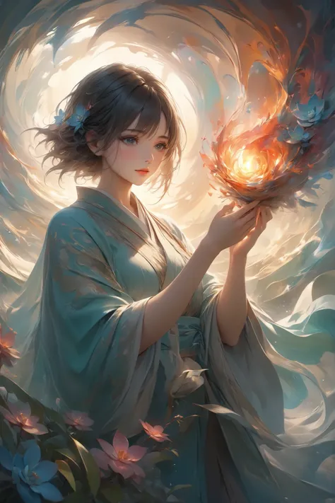 (masterpiece, best quality:1.2),(abstract painting:1.5),(only use 2color),(green and blue),solo,a girl,black short hair,black eyes,sharp eyes,eyes express unseen strength,holding one petal of Echeveria,her expression serene, Surrounded by gentle light and ...