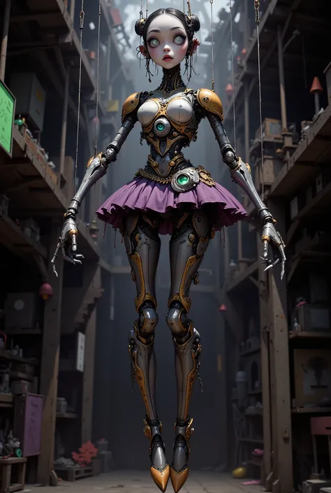 A cybernetic female puppet figure, in the style of Tim Burton, frozen in dynamic motion in the air. Thin silvery strings running vertically upwards are attached to the hands, feet and joints of the puppet. A studio shot that highlights the anatomical struc...