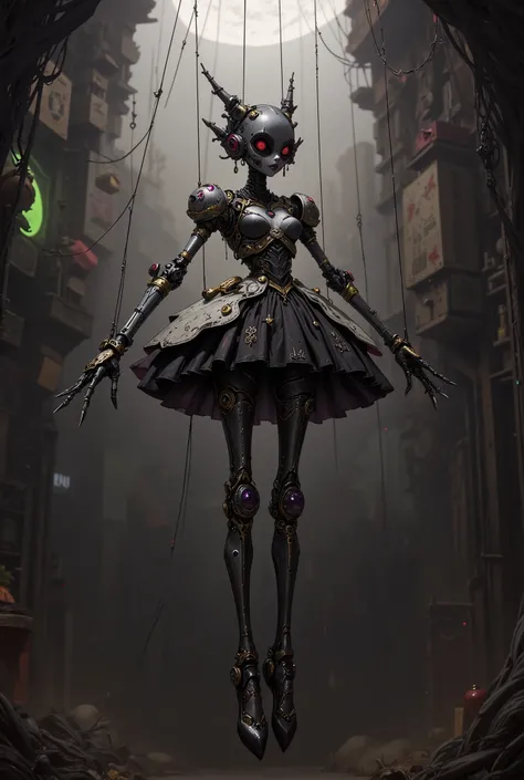 A cybernetic female puppet figure, in the style of Tim Burton, frozen in dynamic motion in the air. Thin silvery strings running vertically upwards are attached to the hands, feet and joints of the puppet. A studio shot that highlights the anatomical struc...