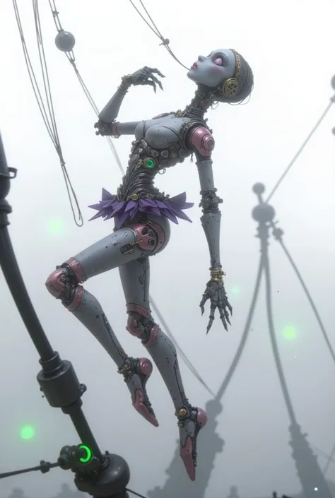 A cybernetic female puppet figure, in the style of Tim Burton, frozen in dynamic motion in the air. Thin silvery strings running vertically upwards are attached to the hands, feet and joints of the puppet. A studio shot that highlights the anatomical struc...