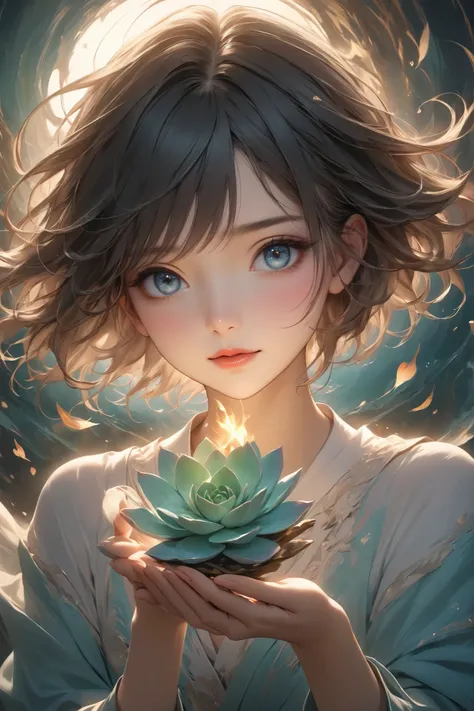 (masterpiece, best quality:1.2),(abstract painting:1.5),(only use 2color),(green and blue),solo,a girl,black short hair,(black) eyes,sharp eyes,eyes express unseen strength,holding one petal of Echeveria,like a pray,her expression serene, Surrounded by gen...