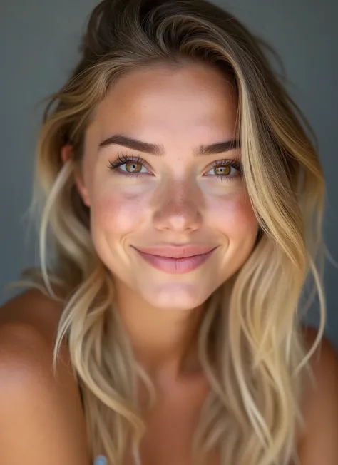 A candid portrait of Harper Dillon, a young woman with a bright and warm smile, her sun-kissed skin radiating a natural glow, her bright hazel eyes sparkling with intensity, her shoulder-length, honey-blonde hair falling in loose waves down her back, as sh...