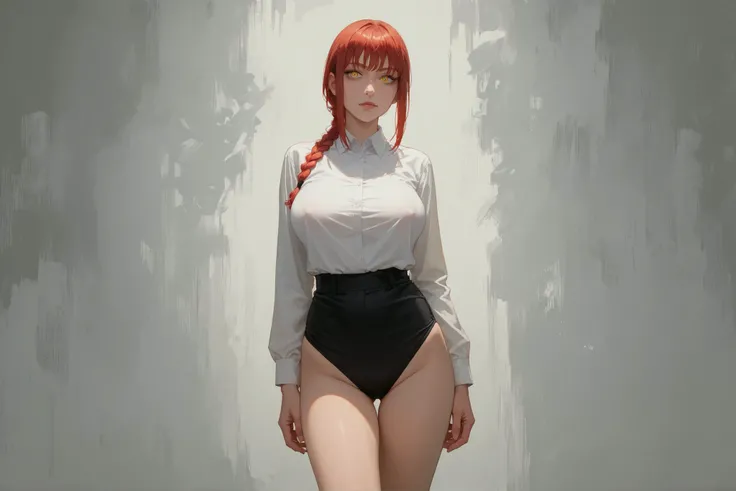 score_9 , score_8_up , score_7_up , score_6_up , 1girl . greyscale , adult woman , large breast , covered nipples, thicc thighs , long legs , Makima , chainsaw man , red hair with single braid , yellow eyes , manga style , anime aesthetic , expressive face...