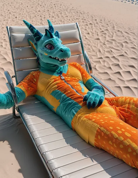 UHD, hyper realism, beautiful, masterpiece, (woman lying on lounge chair at fancy resort, dressed in fluffy fabric dragon fursuit as she is morphing and flattening into an empty unworn stripe patterned dragon piñata:2), (zipper disappears as she fuses with...
