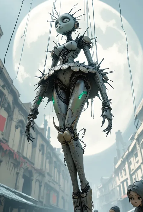 A cybernetic female puppet figure, in the style of Tim Burton, frozen in a dynamic suspended motion in the air. Thin silvery strings running vertically upwards are attached to the hands, feet and joints of the puppet. A studio shot that highlights the anat...