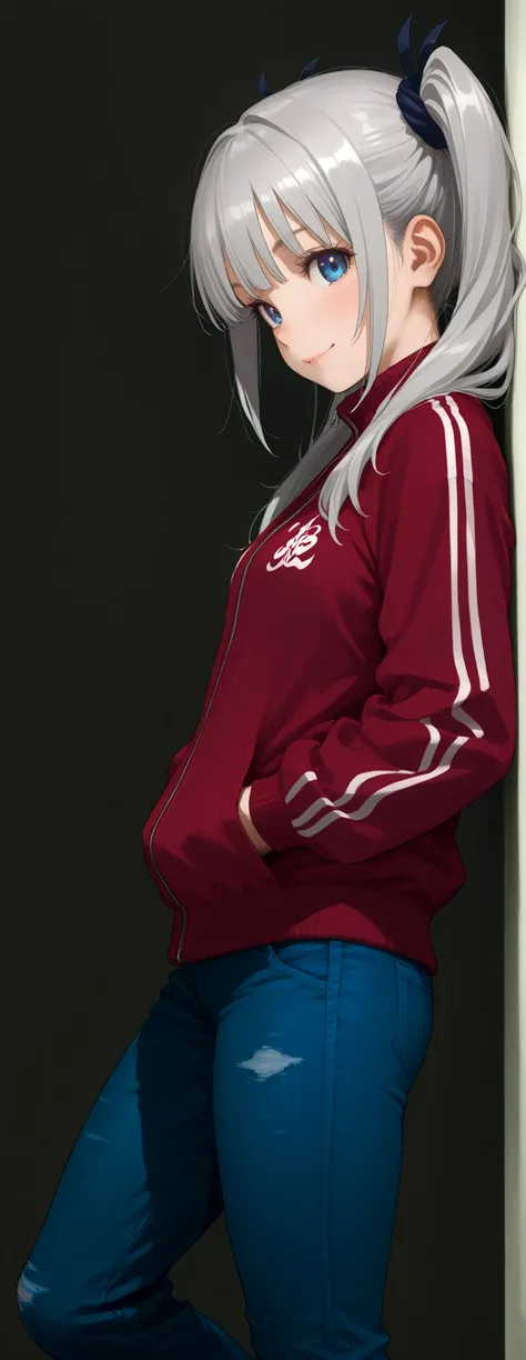 1 girl,looking at viewer, (side view:1.5), (from side:1.5), (standing girl leaning her back casually against a wall:1.5), natural relaxed pose, one leg slightly bent, petite body, slender figure, small breasts, small frame, innocent smile, bright blue eyes...