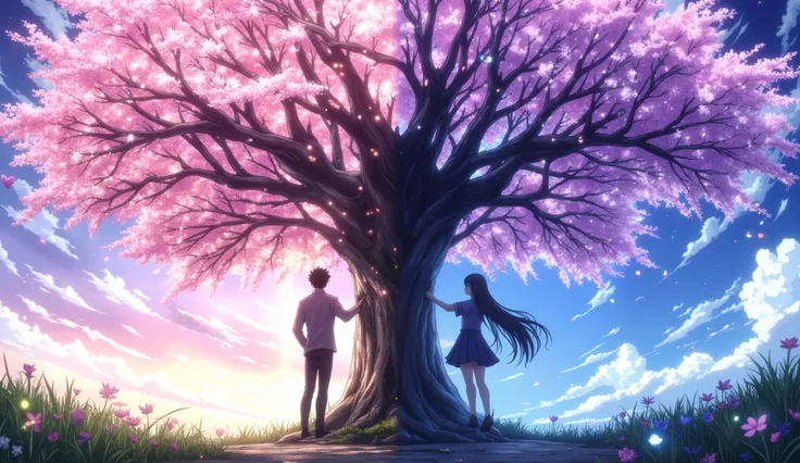 A large, beautiful cherry blossom tree stands at the center of the scene, its branches spreading wide. On either side of the tree stands a Japanese high school student—one boy and one girl—each gently placing one hand on the trunk. The composition is sligh...