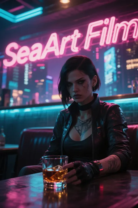 Cyberpunk female killer sitting alone in a bar，Strong neon backlighting behind “SeaArt Film”，Heavy facial shadows，city lights reflected in a whiskey glass， close up，Violent texture，ultra-realistic movie style