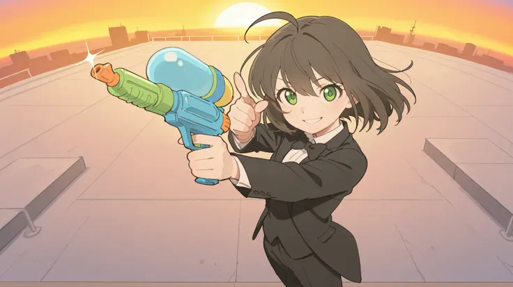 masterpiece, best quality, newest, absurdres, highres,view from above,
short dark brown hair, ahoge, shiny green eyes, 1girl, solo, happy and confident expression, bright cheerful smile, spy aesthetic, dynamic action pose, pointing a colorful toy water gun...