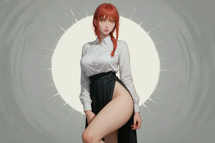 score_9 , score_8_up , score_7_up , score_6_up , 1girl . greyscale , adult woman , large breast , thicc thighs , long legs , Makima , chainsaw man , red hair with single braid , yellow eyess , manga style , anime aesthetic , expressive faces , bold outline...