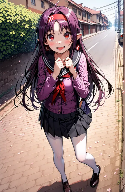 yuuki konno, headband, long hair, stupid hair,pointy ears, purple hair, Red Eyes,
smile,blush,opens his mouth,black sailor uniform, purple cardigan, long sleeve, Black Mini Pleated Skirt ,white pantyhose as if it were in the illustration,loafers,Student ba...