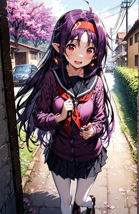 yuuki konno, headband, long hair, stupid hair,pointy ears, purple hair, Red Eyes,
smile,blush,opens his mouth,black sailor uniform, purple cardigan, long sleeve, Black Mini Pleated Skirt ,white pantyhose as if it were in the illustration,loafers,Student ba...