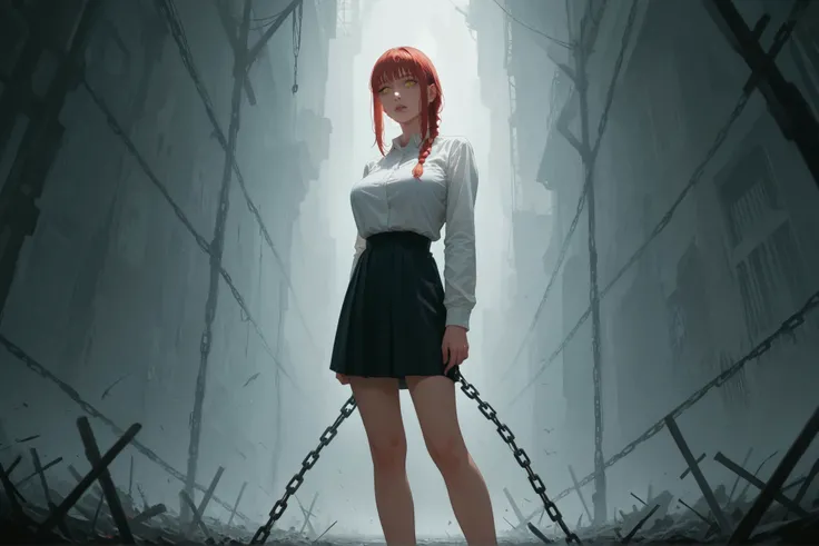 score_9 , score_8_up , score_7_up , score_6_up , 1girl . greyscale , adult woman , large breast , thicc thighs , long legs , Makima , chainsaw man , red hair with single braid , yellow eyess , manga style , anime aesthetic , expressive faces , bold outline...