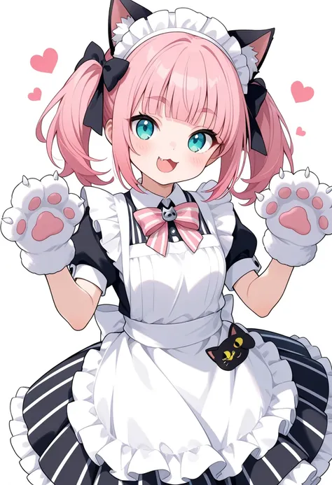solo, pink_hair, 1girl, maid_headdress, open_mouth, twintails, fang, paws, striped, gloves, looking_at_viewer, apron, aqua_eyes, maid, cat_ears, smile, bow, dress, long_hair, paw_gloves, animal_ears, blush, maid_apron, vertical_stripes, skirt, white_background, blunt_bangs, bangs, eyebrows_visible_through_hair, simple_background, heart, :3, cowboy_shot, :d, short_hair, frills