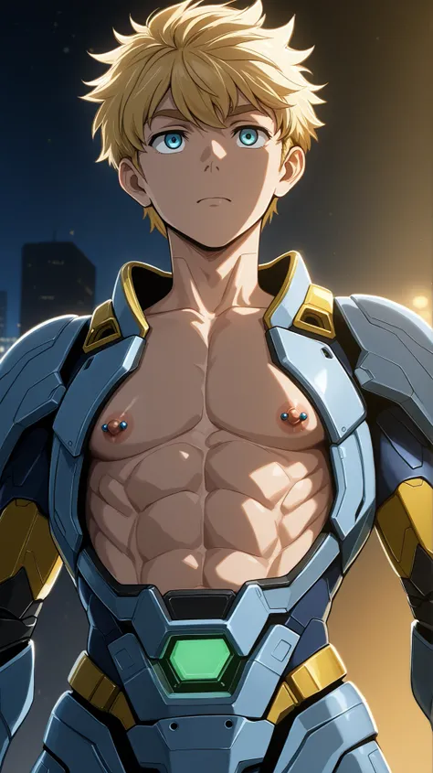 A high-definition image of a young age boy wearing a mecha gundam full body armor that open only at the abdomen and chest, revealing defined abs and chest to his nipples, The background shows a futuristic, high-tech setting with advanced machinery and dim,...