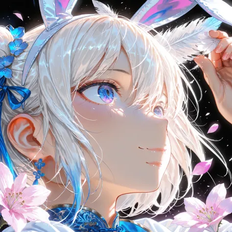 Masterpiece, top quality, absurd, high resolution, cinematic composition, ultra detailed, high quality,Perfect anatomical structure ,High angle, petals , fluttering feathers(1.3),((dramatic close-up)),look far away, wearing a white silk china dress and blu...