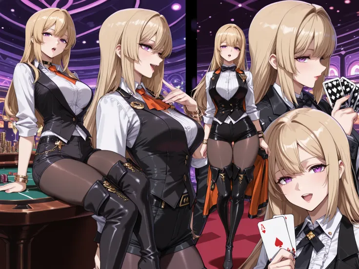 1 Beautiful and Attractive Female, alone, (Incredibly High Resolution, masterpiece, highest quality, Highly detailed, CG, High Quality Anime Drawing), (female dealer holding playing cards), (casino dealer costume, tuxedo jacket, black vest, women's shirt...